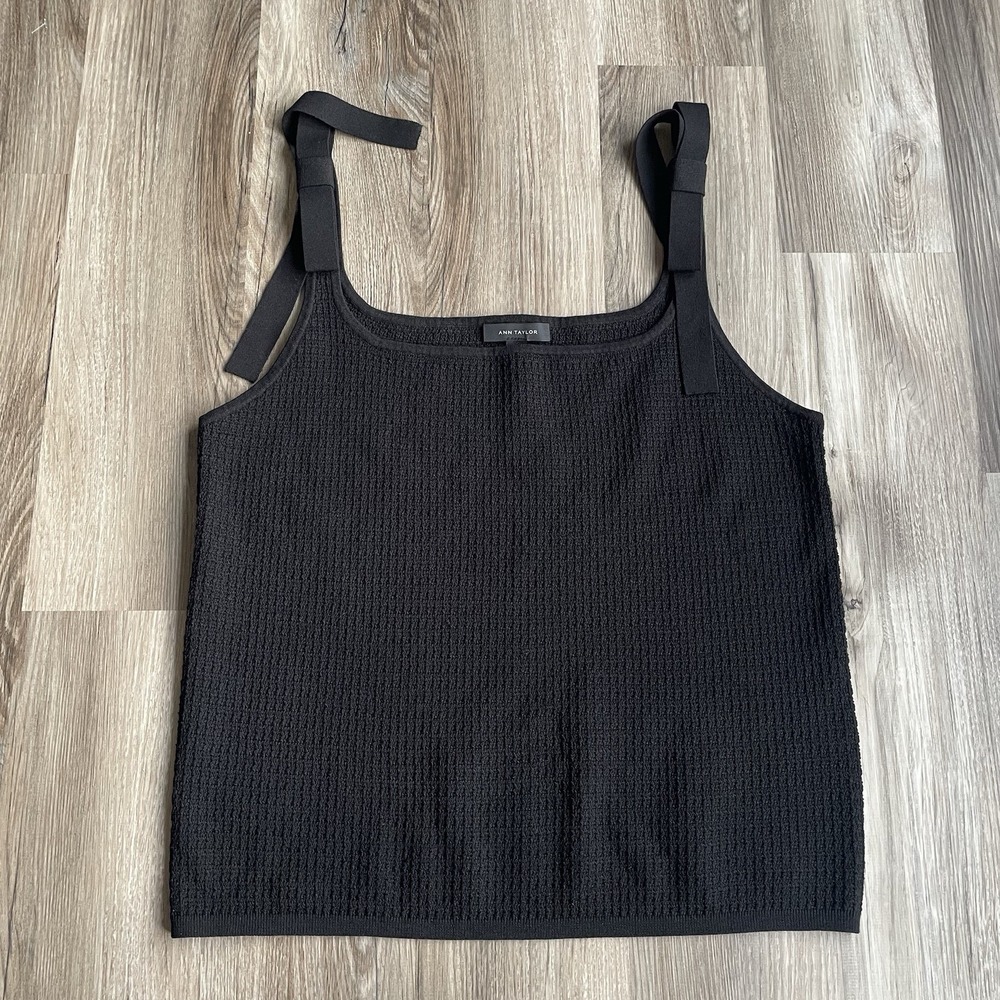 NWT Ann Taylor Top Womens XXL Black Knit Tank Square Neck Sleeveless Shirt Bows